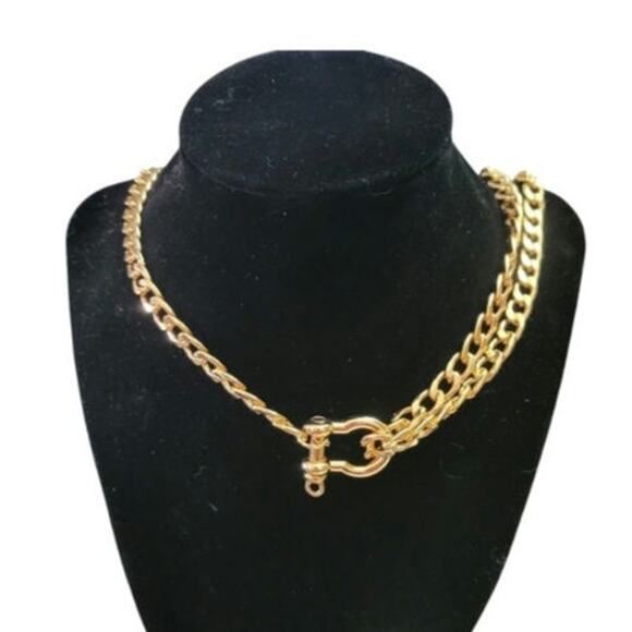 Gold tone asymmetrical layered cuban chain shackle necklace - Picture 1 of 3